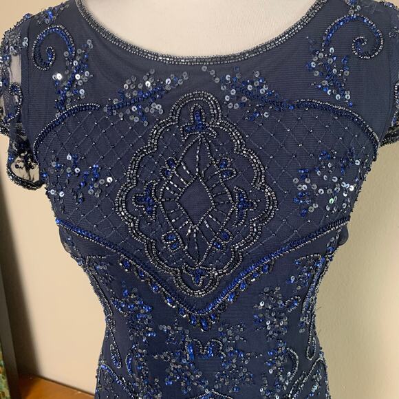 Vintage Pisarro Sz 2 Beaded Mesh Column Gown Navy Blue Cocktail Wedding Holiday - Picture 6 of 11